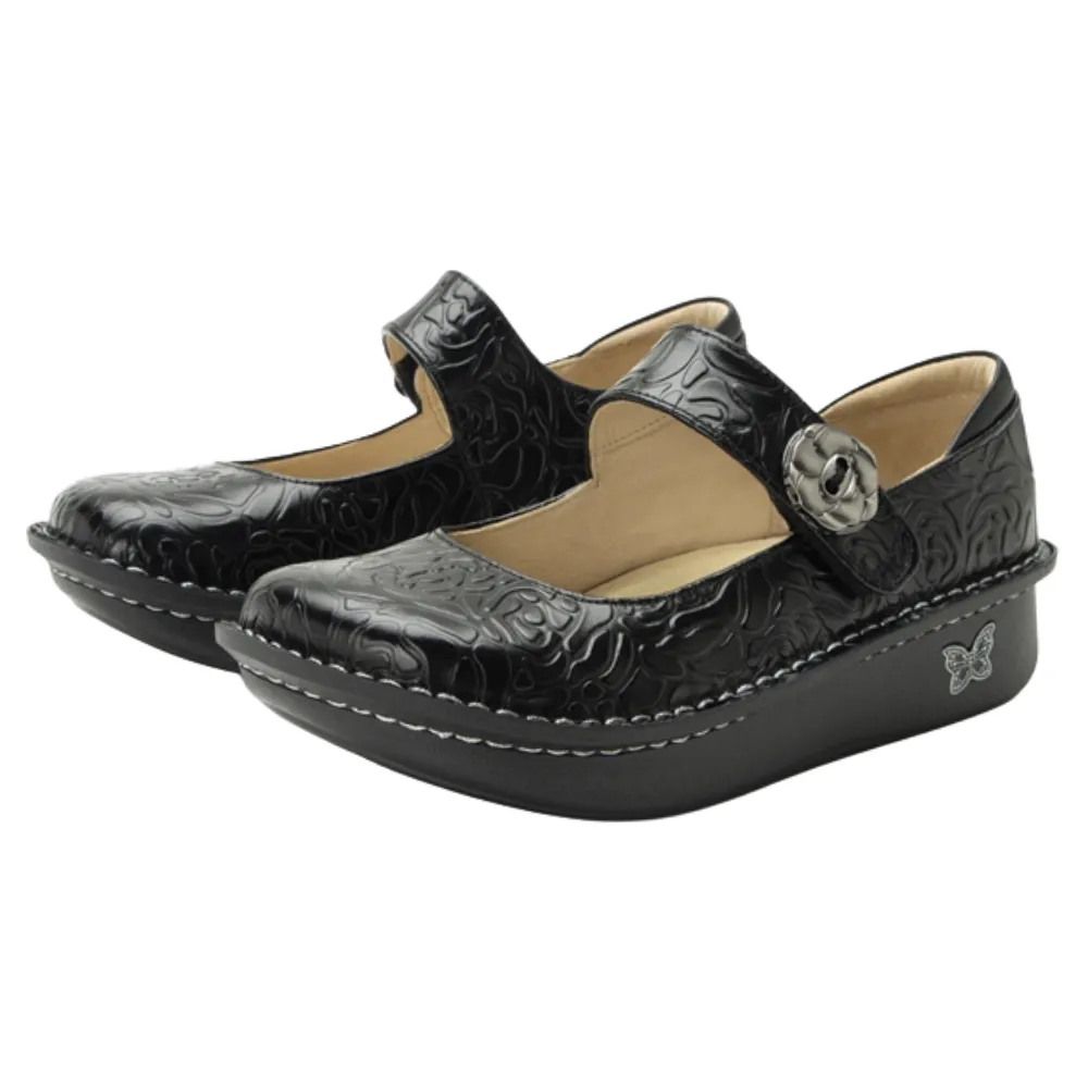 Alegria Paloma Black Embossed Rose Leather Mary Jane (Women's)