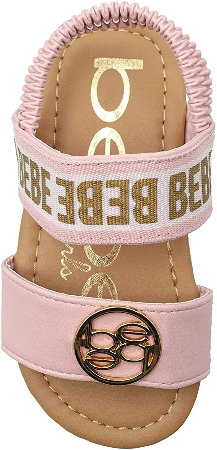 bebe Toddler Girls' Little Kid Slip-On Strappy Sandals with Logo Straps and Elastic Back, Open-Toe Flat Fashion Summer Shoes