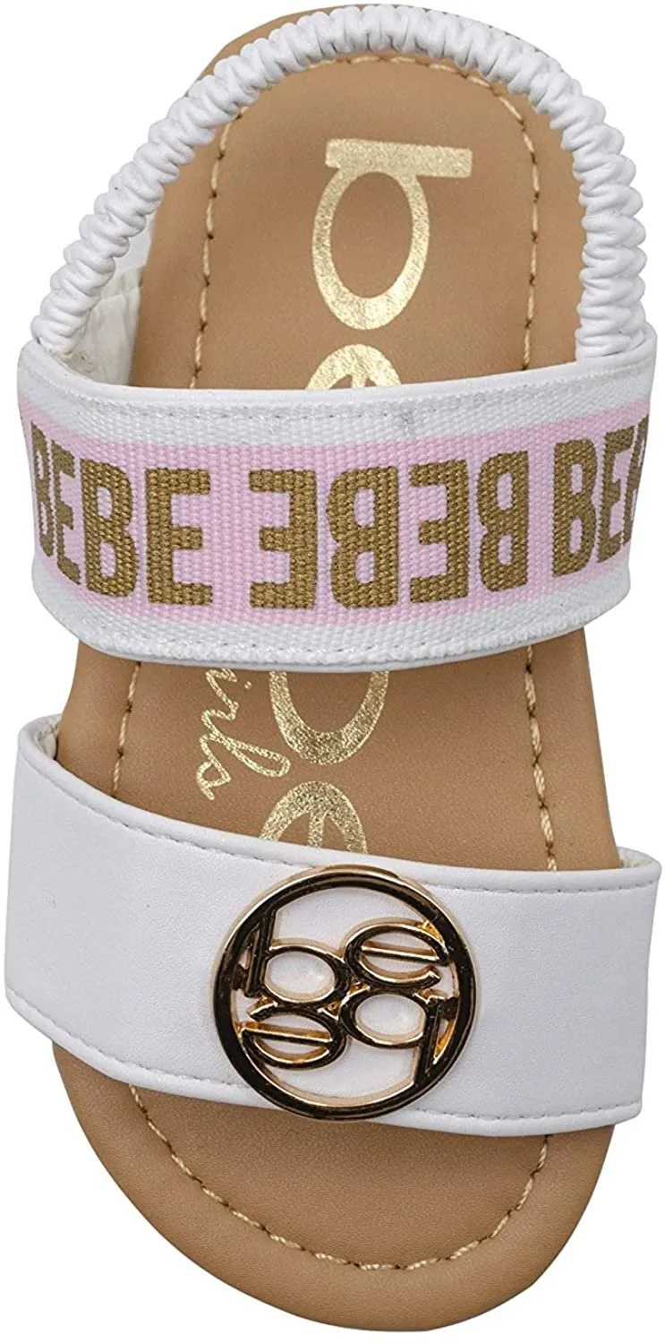 bebe Toddler Girls' Little Kid Slip-On Strappy Sandals with Logo Straps and Elastic Back, Open-Toe Flat Fashion Summer Shoes