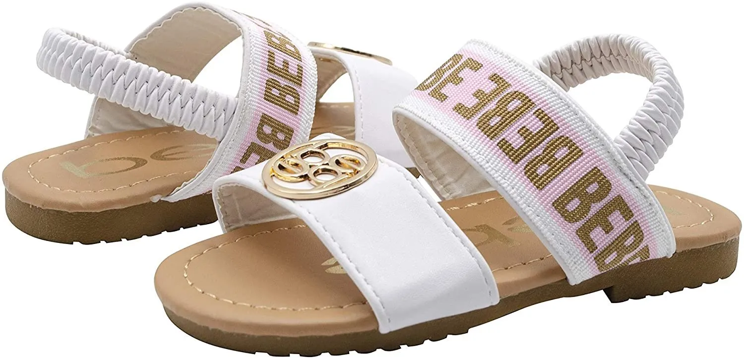 bebe Toddler Girls' Little Kid Slip-On Strappy Sandals with Logo Straps and Elastic Back, Open-Toe Flat Fashion Summer Shoes