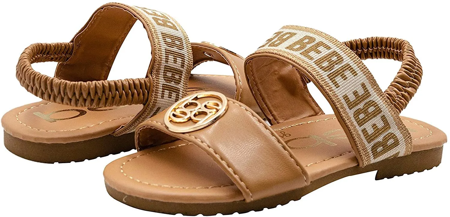 bebe Toddler Girls' Little Kid Slip-On Strappy Sandals with Logo Straps and Elastic Back, Open-Toe Flat Fashion Summer Shoes