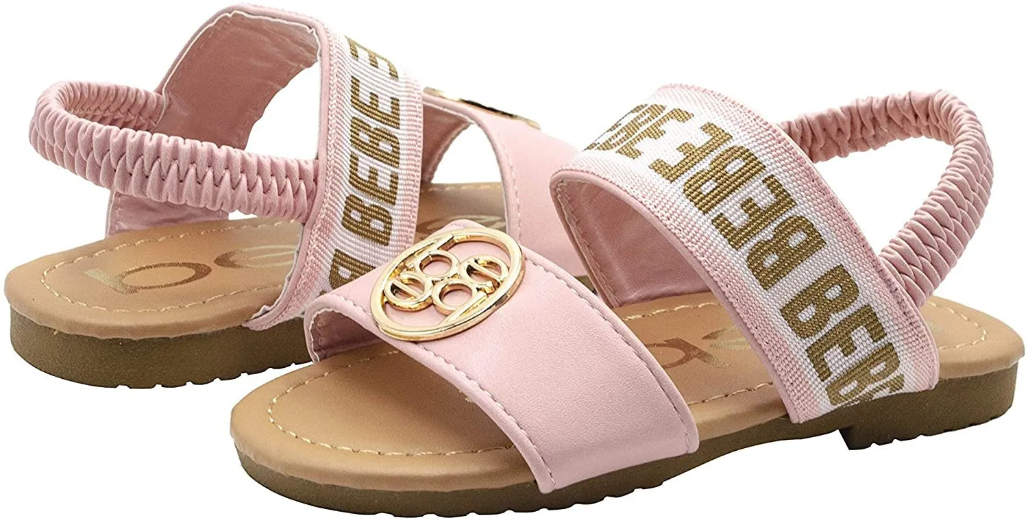 bebe Toddler Girls' Little Kid Slip-On Strappy Sandals with Logo Straps and Elastic Back, Open-Toe Flat Fashion Summer Shoes