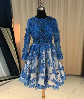 Blue lace short prom dress, blue lace bridesmaid dress