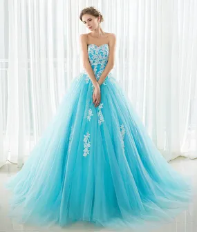 Blue sweetheart neck lace applique tulle long prom dress