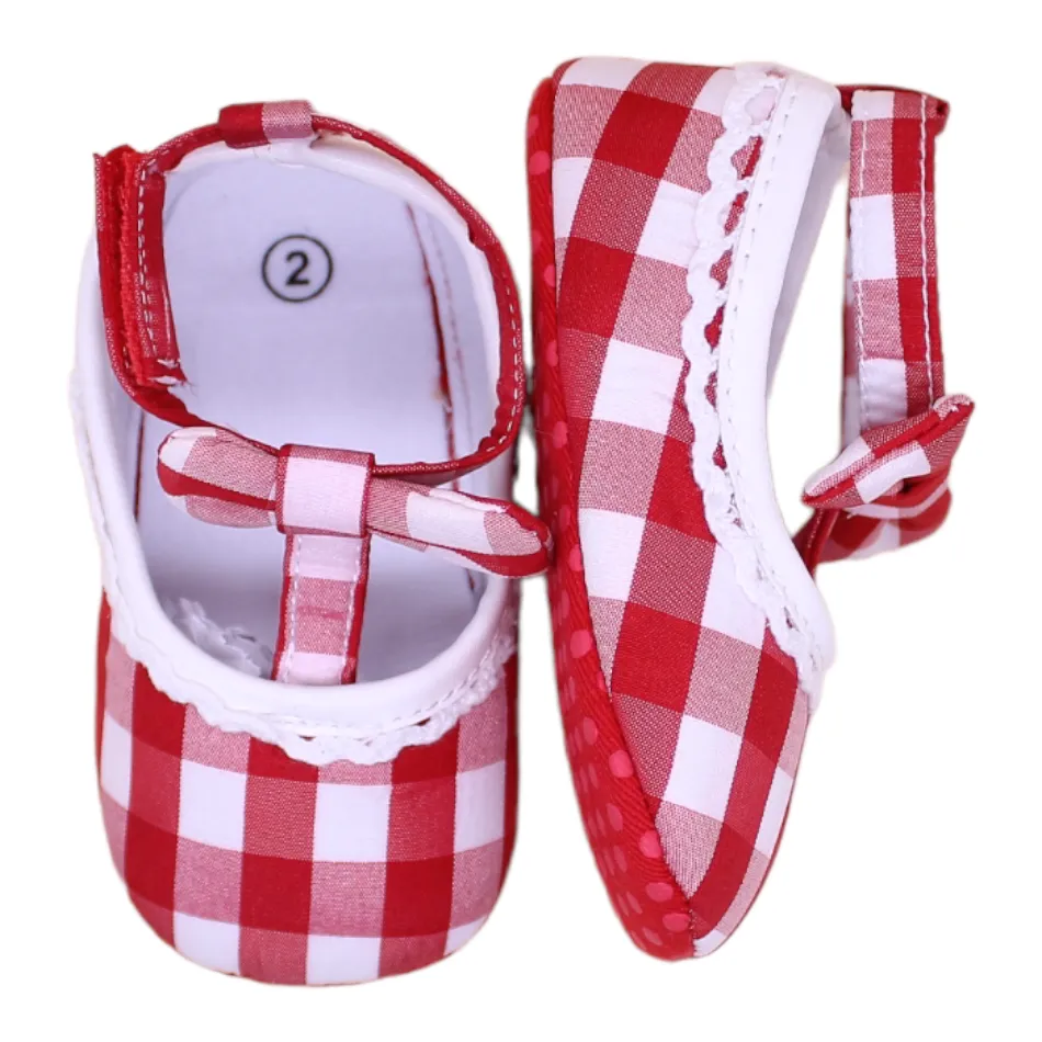 Checked Slip On Bow Shoes (Red/White) - Prewalker