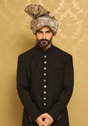 Premium Georgette Black Sherwani With Grey Turban